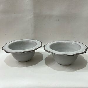 2 Crate and Barrel Lira White & Grey Porcelain scalloped soup cereal 2 Cup bowls